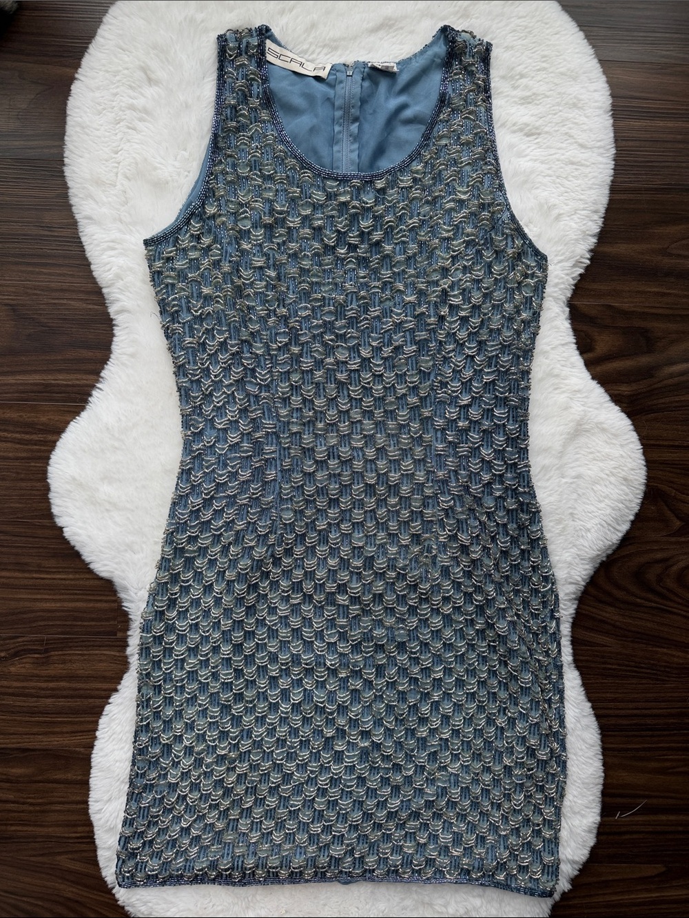Vintage Scala Fully Beaded Mini Dress Blue Gold Flapper Style size M